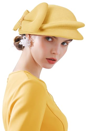 Women's Vintage 100% Wool Felt Cloche Bucket Bowler Hat Winter Vintage Bow Fedoras Church Derby Fascinator Hat - color: B9 Yellow