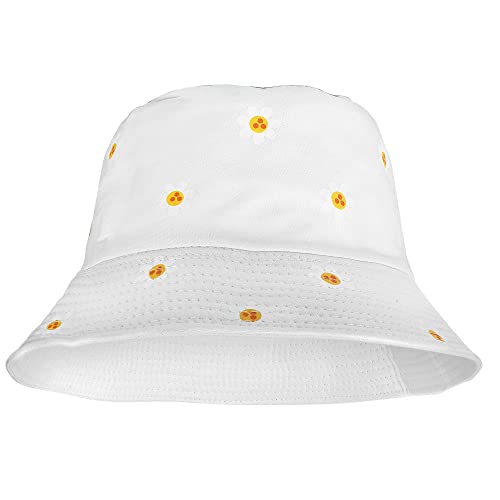 Falari Reversible Bucket Hat for Men Women Summer Travel Beach Outdoor Fishing Hat 100% Cotton - color: J876-white-daisy Flower
