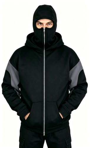 EUDOLAH Balaclava Jacket Zip Up Fashion Double Layer Hoodie Hip Hop Outerwear Jacket Y2K Clothing for Men and Women - color: Black Grey, size: XX-Large