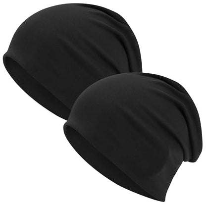 ROYBENS 100% Cotton T-Shirt Beanie for Women Men Slouchy Soft Skull Cap - color: 2pcs-black, Black
