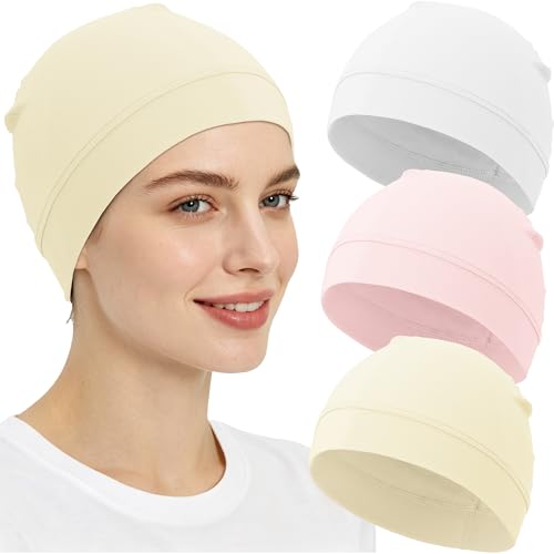 3-Pack 100% Cotton Skull Cap for Men Women Helmet Liner Caps - color: 3pcs-white,pink,beige