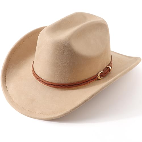 Western Cowboy Hats for Women Classic Felt Wide Brim Fedora Hat with Belt Buckle Retro Panama Hat Unisex Rolled up Cap - color: Suede Cowboy Hats : Camel, size: Medium