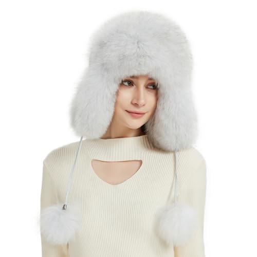 Women Real Fur Trapper Hat Sheepskin Leather Aviator Hat Ear Flaps Ushanka Hat Snow Hat with Pom Pom - color: Nature Blue Fox