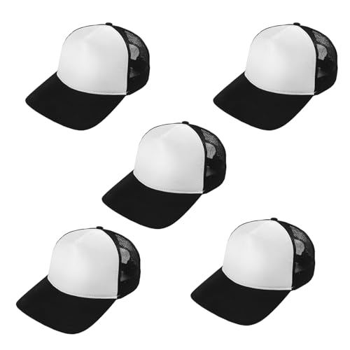 Trucker Hat for Men & Women, Mesh Back Baseball Cap, Adjustable Snapback, Breathable Lightweight Black Cap - color: White & Black (Pack of 5)