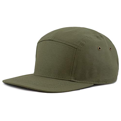 The Hat Depot Made in USA Cotton Twill 5 Panel Flat Brim Genuine Leather Brass Biker Board Cap - color: Olive