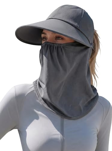 Outdoor Wide Brim Sun Hat Visor for Women, Detachable Face & Neck Cover, Hiking Gardening UPF 50+, Ponytail Friendly - color: Dark Grey