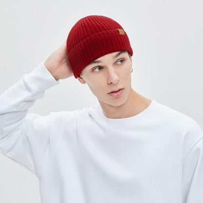 100% Merino Wool Fisherman Beanie Hat, Unisex Warm Winter Hats, Soft Breathable Knitted Short Cuffed Cap - color: Deep Red