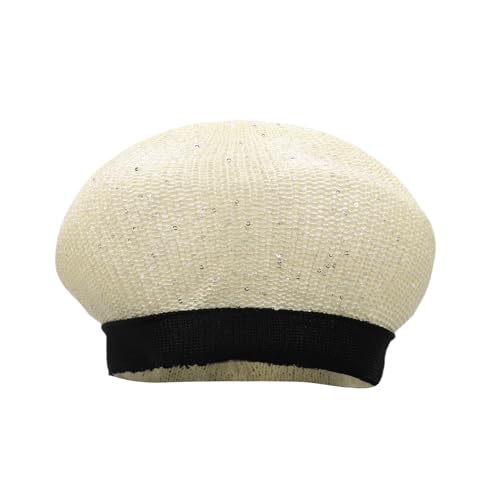 Women Lightweight Beret Floral Hollow Out Hat Breathable French Beret Beanie Hat Cap for Spring Summer - color: Beige 6#