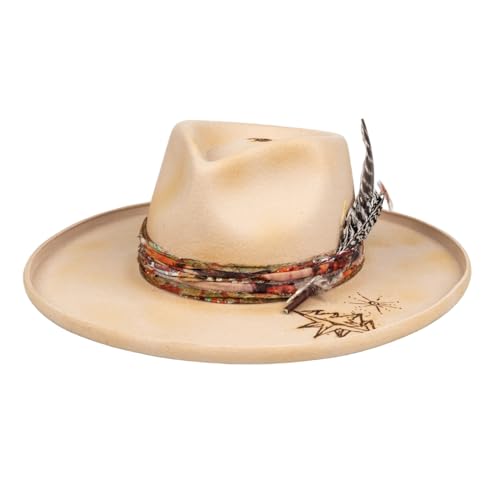 Vintage Pencil Brim Fedora Hats 100% Wool Felt Hat Panama Rancher Hat with Lightning Logo Handmade Distressed/Burned - color: Cream, size: 7 3/8