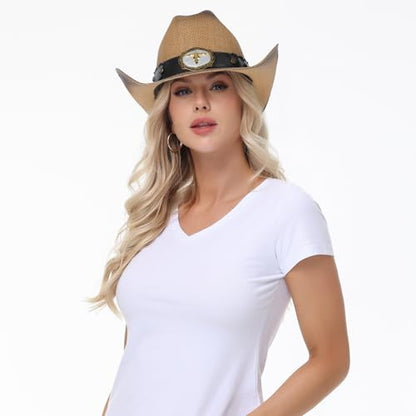 WQWOVRVO Cowboy Hat,Cowgirl hat,Brown Cowboy Hats for Women/Mens Straw Wide with Shapeable Brim Western Cowboy Hat for Womens - color: Camel & Brown