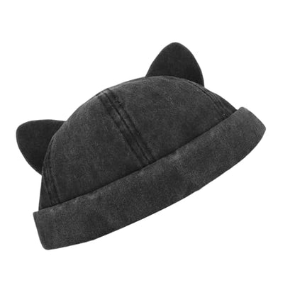 Cute Cat Ear Beanie Hats for Women Men Washed Cotton Brimless Docker Cap Retro Rolled Cuff Skull Cap - color: Black Gray