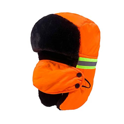 Mens Winter Thermal Trapper Hat Russian Ushanka Ski Hunting Dad Cap Ear Flaps Motorcycle Cycling Mask Women Warm Fur Snow Hat - color: 3-in-1 Orange, With Reflective Strip