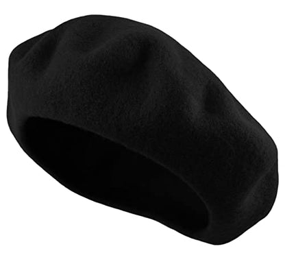 Women's French Beret Hat Solid Color Plain Wool Classic Traditional Artist Cap - color: Black
