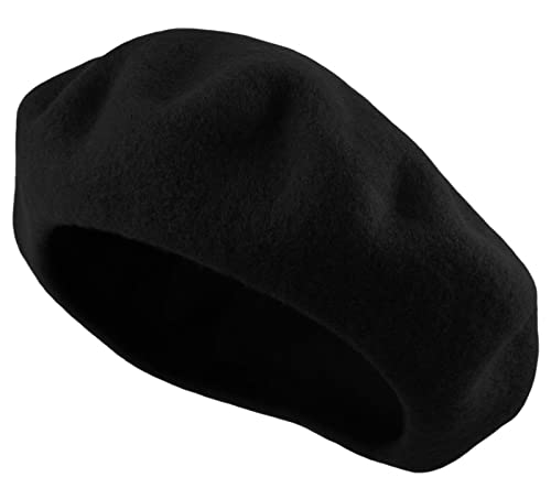 Women's French Beret Hat Solid Color Plain Wool Classic Traditional Artist Cap - color: Black