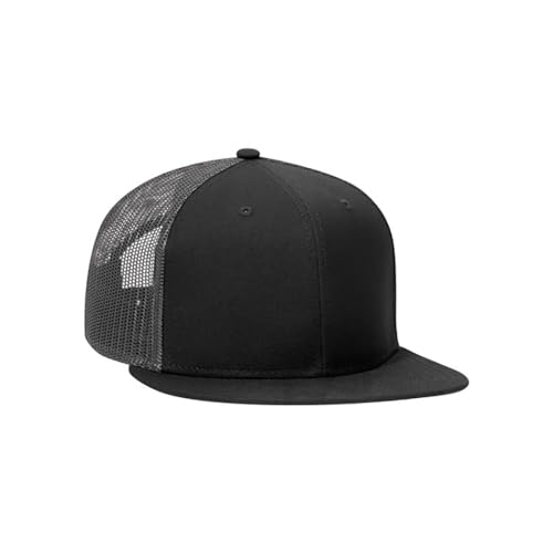 Ashen Fane 6 Panel Mid Profile Mesh Back Structured Trucker Adjustable Snapback Hat - color: Blk/Blk/Ch.gry