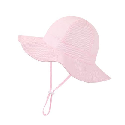 Baby Girl Sun Hat Toddler Beach Hats with UPF 50+ Protective Infant Summer Hat with Wide Brim Baby Girls Bucket Hat - color: Pink Stripe + Beige Stripe, size: 12-24 Months