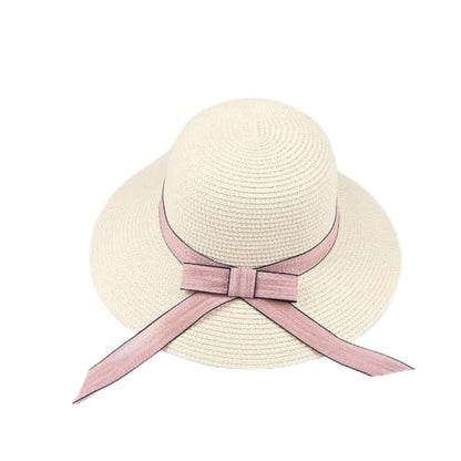 Summer Little Girl Kids Breathable Straw Hat Foldable UV Protection Bowknot Wide Brim Floppy Beach Sun Visor Hats - color: Light Yellow