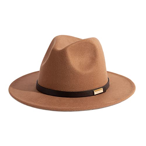 Fedora Hats for Men Wide Brim Panama Hat with Classic Belt - color: Khaki