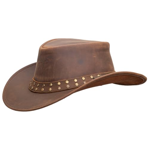 Outback Trading Unisex Adult's Hemlock Leather Durable Brown Cowboy Hat with Chin Cord, Wire Brim & Double Studded Hatband - size: Medium