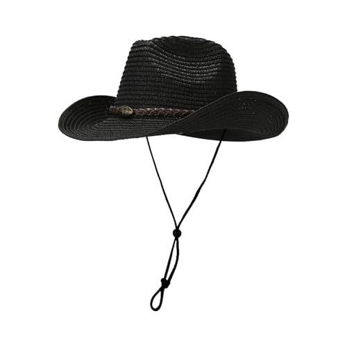 Straw Cowboy Hats Western Cowgirl Hat Foldable Wide Brim Cowboy Hat Travel Vacation Beach Sun Hats for Women Men - color: Black