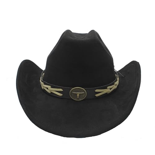 Western Cowboy Hat for Women Men with Band Wide Brim Suede Cowboy Cowgirl Hat Western Style Hat - color: Black
