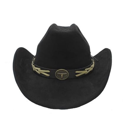 Western Cowboy Hat for Women Men with Band Wide Brim Suede Cowboy Cowgirl Hat Western Style Hat - color: Black