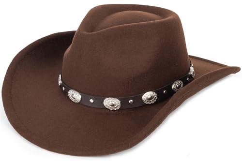 Womens Western Cowboy Hats Studded Pinched Cowgirl Hats Wide Brim Fedoras - color: Coffee - Round Rivets