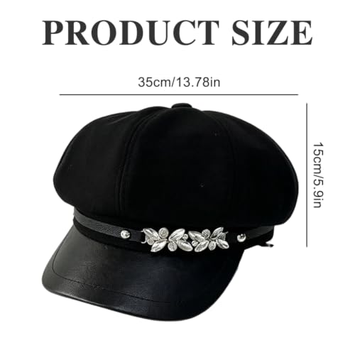Newsboy Cabbie Baker Hat Octagonal Beret Cap Pageboy Visor Paperboy Hats Sailor Fiddler Caps for Women Men - color: Rhinestone Black