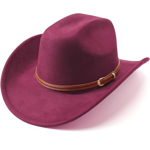 Western Cowboy Hats for Women Classic Felt Wide Brim Fedora Hat with Belt Buckle Retro Panama Hat Unisex Rolled up Cap - color: Suede Cowboy Hats : Burgundy, size: Small