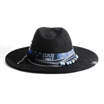 Wide Brim Fedora Hat for Men Women Retro Western Felt Hats - color: Jetblack