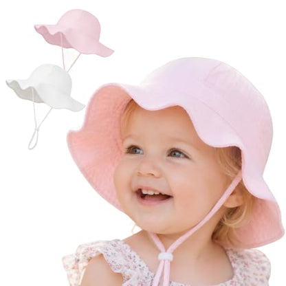 Baby Toddler Sun Protection Bucket Hat Infant Beach Summer Hats for Girl - color: Pink&white, size: 0-6 Months