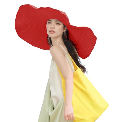 Women's Super Wide Brim Sun Hat - Extra Large Floppy Beach Bucket Hat, Foldable Summer Sun Protection Outdoor Travel Cap - color: Red