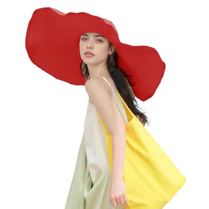 Women's Super Wide Brim Sun Hat - Extra Large Floppy Beach Bucket Hat, Foldable Summer Sun Protection Outdoor Travel Cap - color: Red