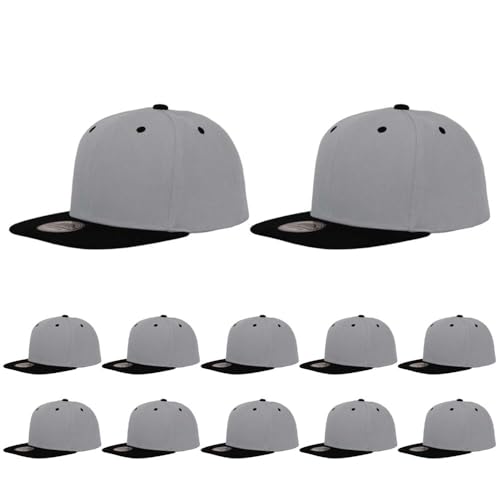 ZH Plain Flat Brim Snapback Baseball Caps Adjustable Blank Baseball Caps Wholesale 12 Pack - color: Light Gray-black