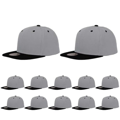ZH Plain Flat Brim Snapback Baseball Caps Adjustable Blank Baseball Caps Wholesale 12 Pack - color: Light Gray-black