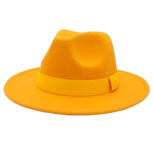 Men's Women's Wide Brim Fedora Hats with Ribbon Panama Felt Cap, British Style Vintage Flat Brimmed Jazz Hat - color: Yellow