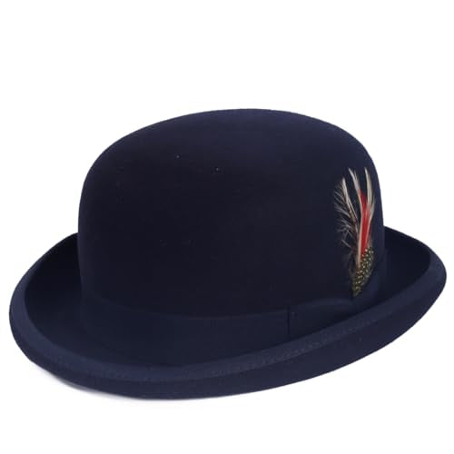 Men's Wool Fedora Hats Women Felt Bowler Derby Hat with Feather - color: Navy, size: Large