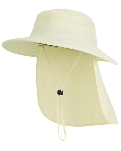UPF50+ Sun Hat for Men Women,UV Protection Wide Brim Mesh Fishing Hat with Neck Flap for Outdoor Hiking - color: Beige