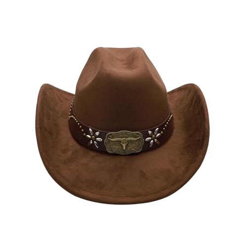 Western Cowboy Hat for Men Cowgirl Hat for Women Wide Brim Felt Fedora Hats Classic Cowboyhat with Buckle Belt - color: Coffee