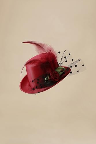 BABEYOND Mini Top Fascinators Hats for Women Feather 1920s Costume Hat - color: Wine Red