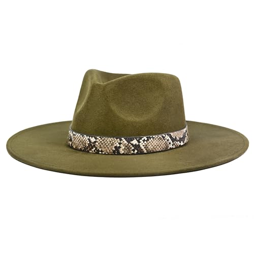 FLUFFY SENSE. Big Wide Brim Boho Western Hat for Women and Men - Felt Rancher Fedora Hat with 4 inches Flat Brim - color: Olive Green, size: Large