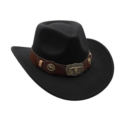 Western Cowboy Hat for Men Cowgirl Hat for Women Unisex Wide Brim Felt Fedora Hats Classic Cowboy Hats - color: Black