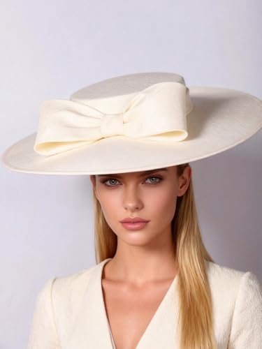 Wide Brim Hats for Women Big Bowknot Formal Occasion Kentucky Cap Lady Wedding Cocktail Party Flat Top Fedoras - color: Beige White