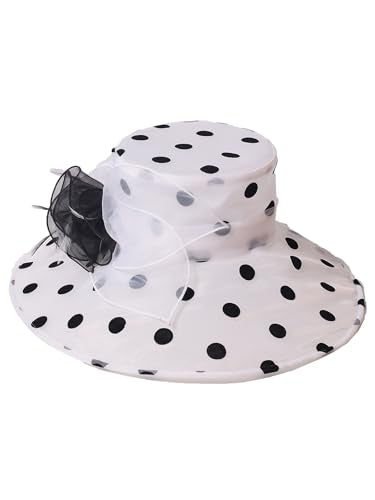 Organza Kentucky Dots Fascinator Hat for Women Ladies Wide Brim Big Sun Hats Wedding Church Hat Derby Cap - color: White and Black
