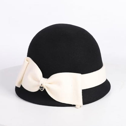 Women Solid Color 100% Wool Winter Hat Women Cloche Bucket Bowler with Bowknot - color: Black With Cream Bow