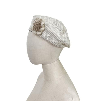 Women Summer French Beret Lady Slouchy Crochet Beret Hats 3D Flower Artist Painters Woven Beach Beanie Cap - color: Beige