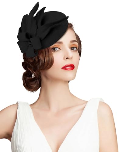 Wool Fascinator Pillbox Hat Winter British Wool Felt Hat for Women Wedding Church Hat Flower Fedoras - color: 2021 Black