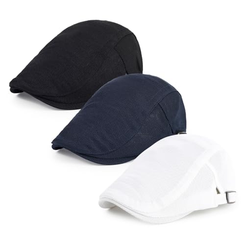 3Pcs Cotton Newsboy Hat for Men Cool Adjustable Flat Cap - color: Wy1-black+white+navy