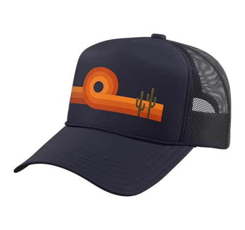 Retro Desert Sunset, Vintage Southwest Cactus Landscape Trucker Hat with Adjustable Mesh Back - color: Navy Blue