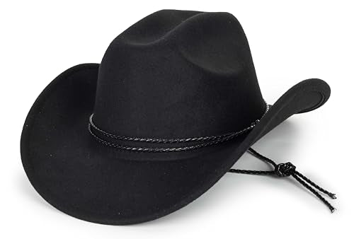 Western Felt Cowboy Cowgirl Hat - Wide Brim Panama Jazz Fedora Hat with Floral Engraved Buckle Belt Decoration 22.4" to 22.8" - color: Blackchin
